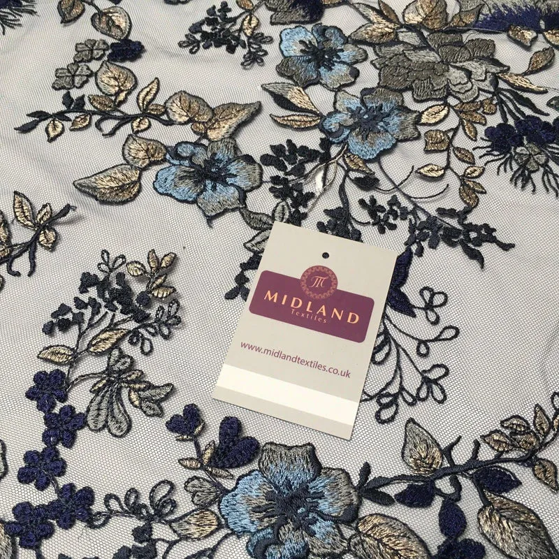 Navy Metallic embroidered Double Scalloped Net dress fabric 55" Wide MV987 Mtex