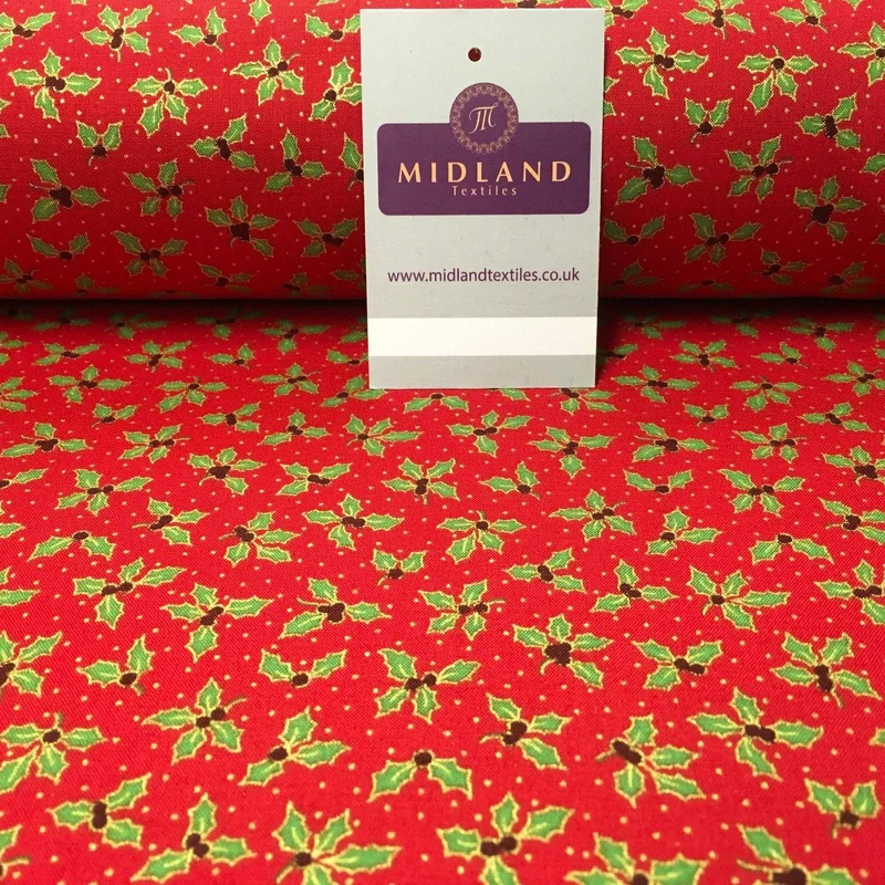 Holly Berry Gold Foil Christmas 100% Cotton Printed fabric 58" Wide MH979