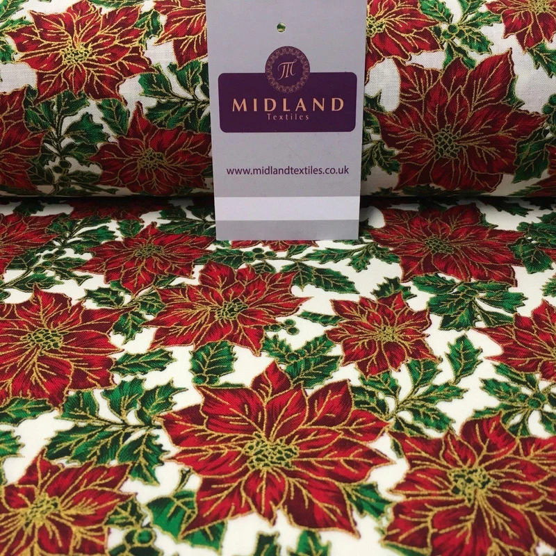 Ivory red gold Floral Festive Flowers Printed 100% Cotton fabric 58" MH980 Mtex