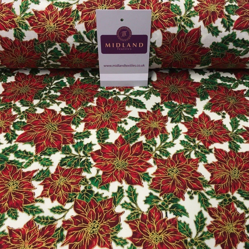 Ivory red gold Floral Festive Flowers Printed 100% Cotton fabric 58" MH980 Mtex