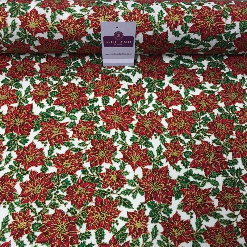 Ivory red gold Floral Festive Flowers Printed 100% Cotton fabric 58" MH980 Mtex