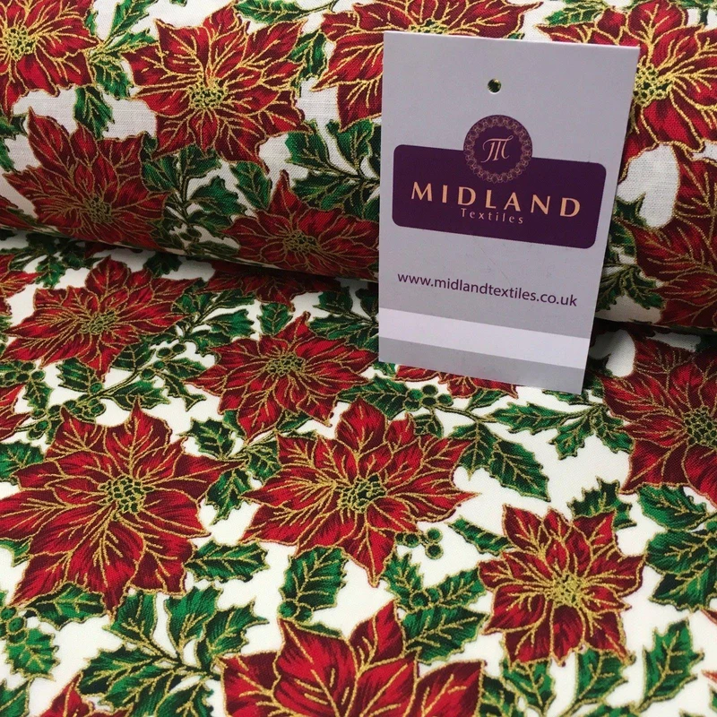Ivory red gold Floral Festive Flowers Printed 100% Cotton fabric 58" MH980 Mtex