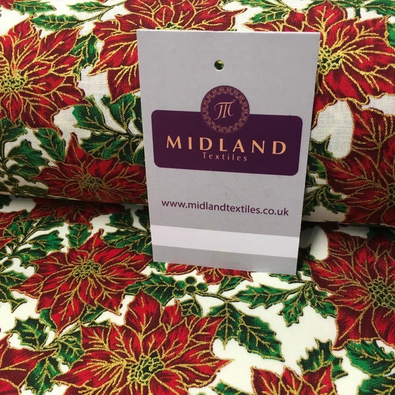 Ivory red gold Floral Festive Flowers Printed 100% Cotton fabric 58" MH980 Mtex