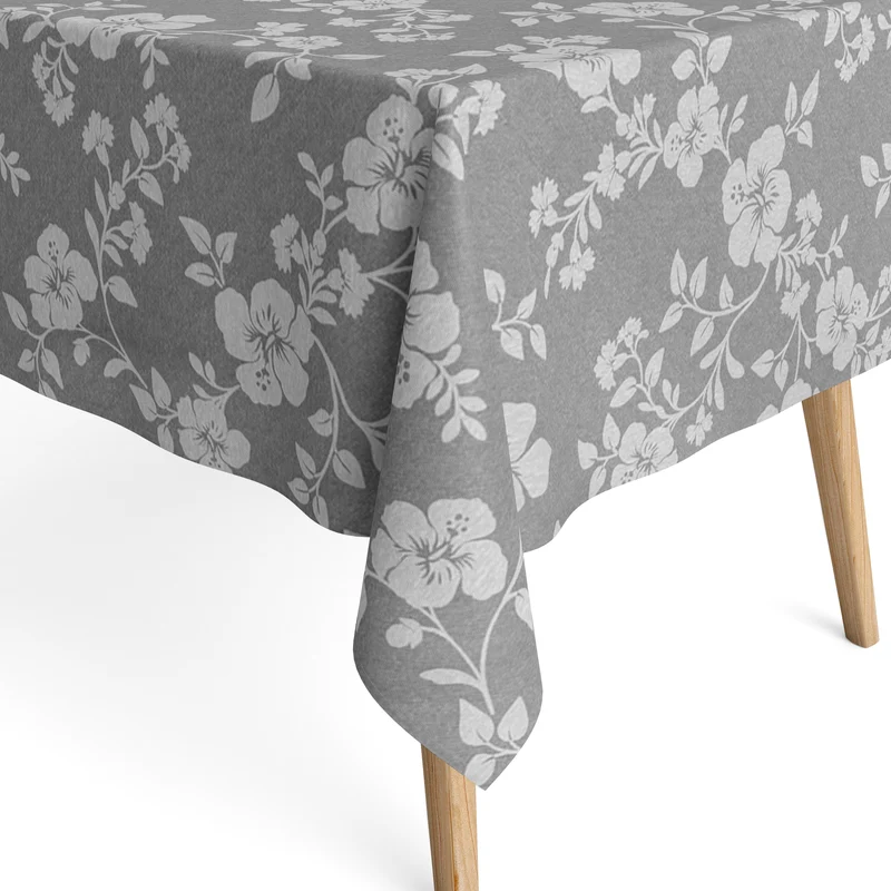 textile Tischdecke Jacquard beschichtete Baumwolle JASMIN Blumen auf grau eckig rund oval