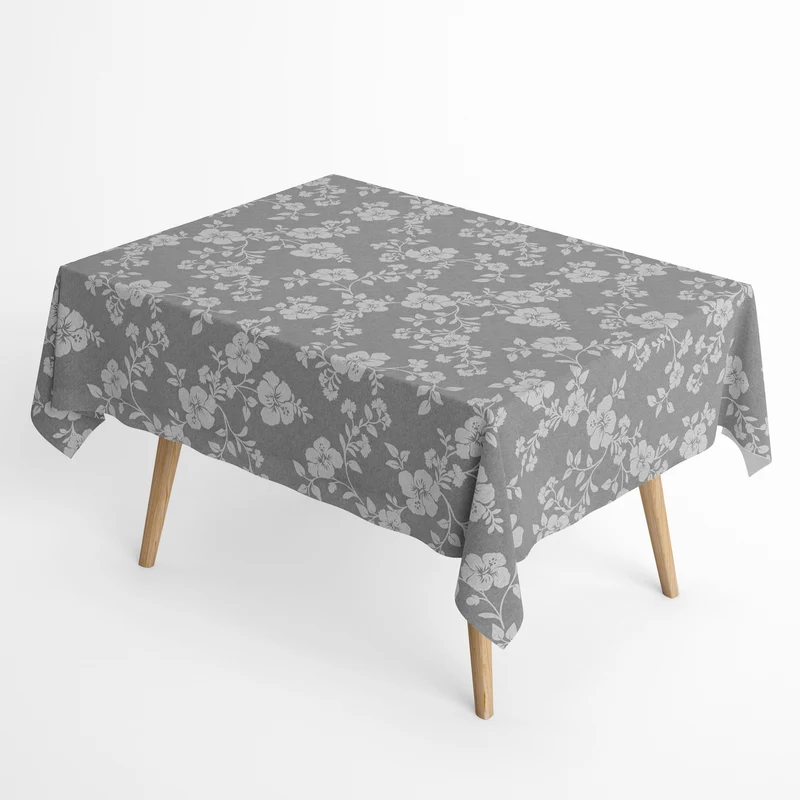 textile Tischdecke Jacquard beschichtete Baumwolle JASMIN Blumen auf grau eckig rund oval