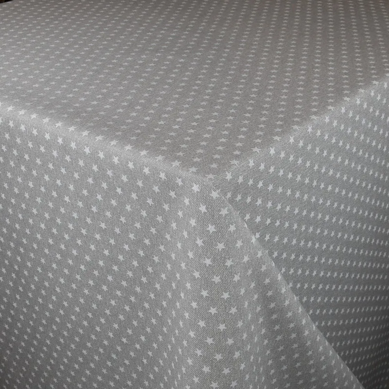 textile Tischdecke Jacquard beschichtete Baumwolle ESTELLA weiße Sterne auf grau eckig rund oval