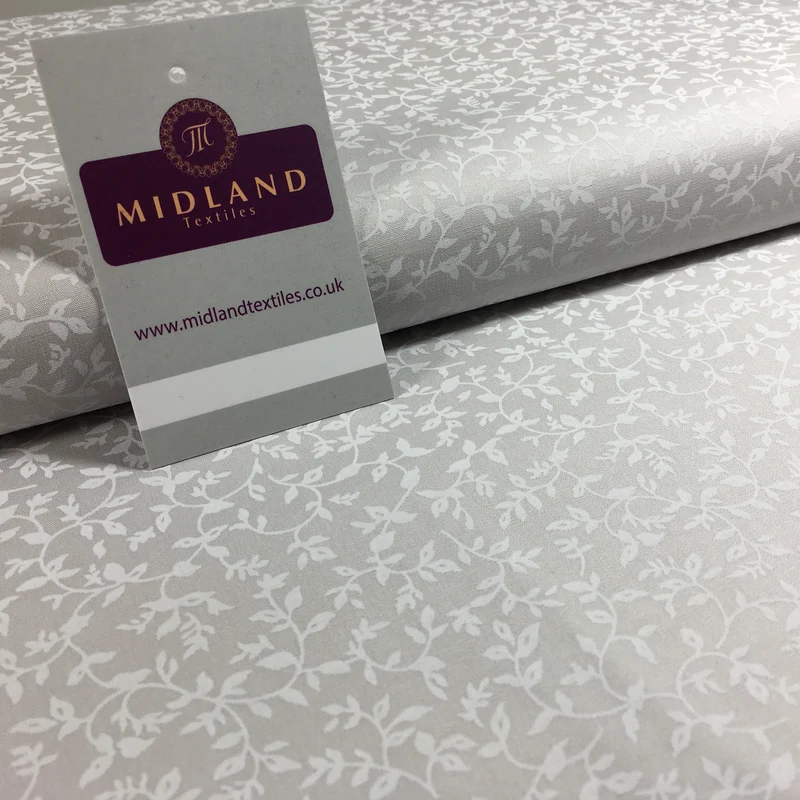 Grey And White Floral Printed 100% Cotton Poplin Craft Fabric 45" M547