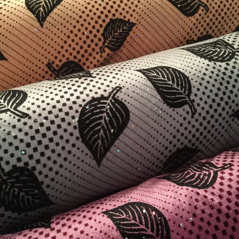 Leaf Print Spandex Velvet Sequinned - 2 way stretch Fabric-58" M16-16 Mtex