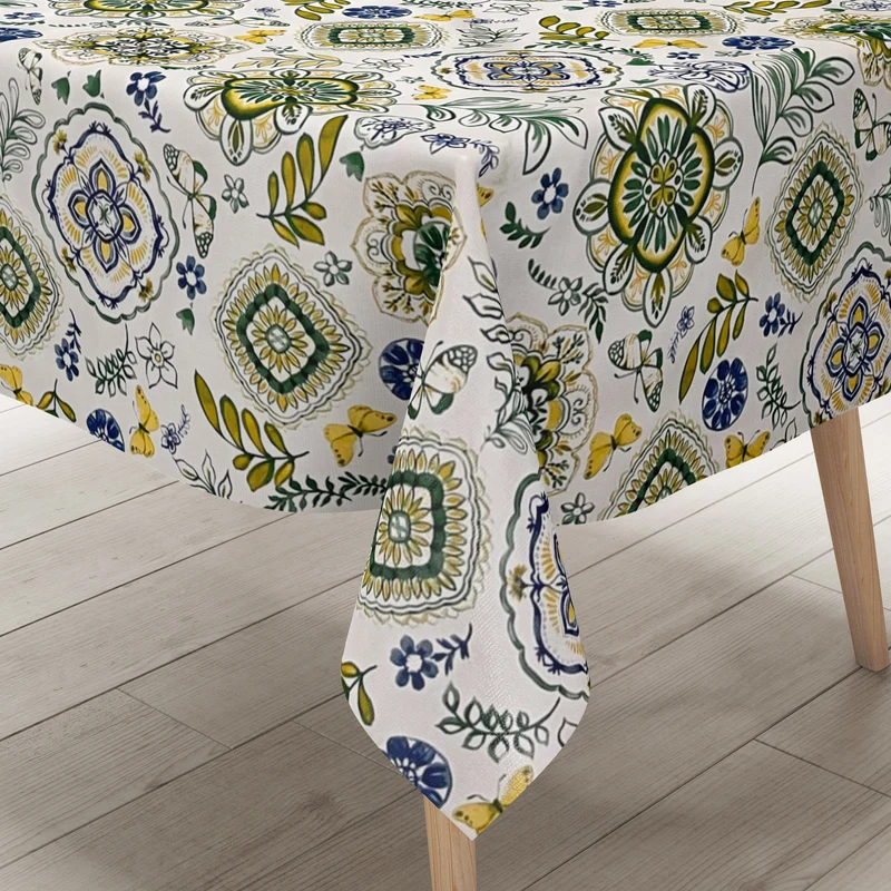 Wachstuch Tischdecke B3013-02 Mandala Ornamente Blumen blau grün gelb eckig rund oval