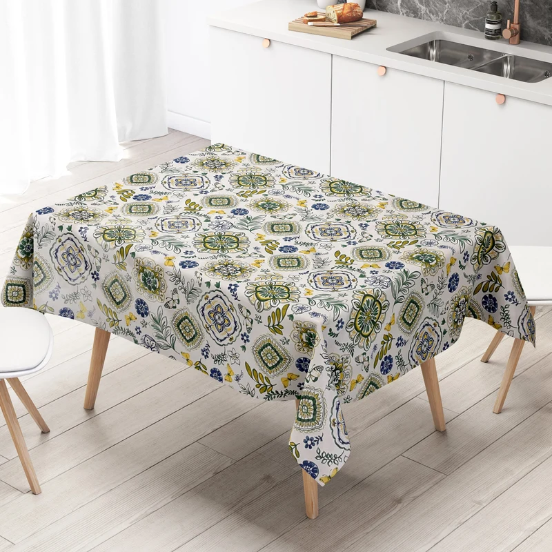 Wachstuch Tischdecke B3013-02 Mandala Ornamente Blumen blau grün gelb eckig rund oval
