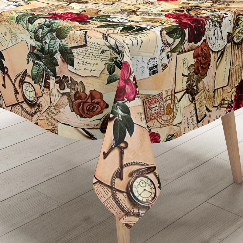 Wachstuch Tischdecke Meterware K122A Rosen Postkarten Taschenuhr eckig rund oval