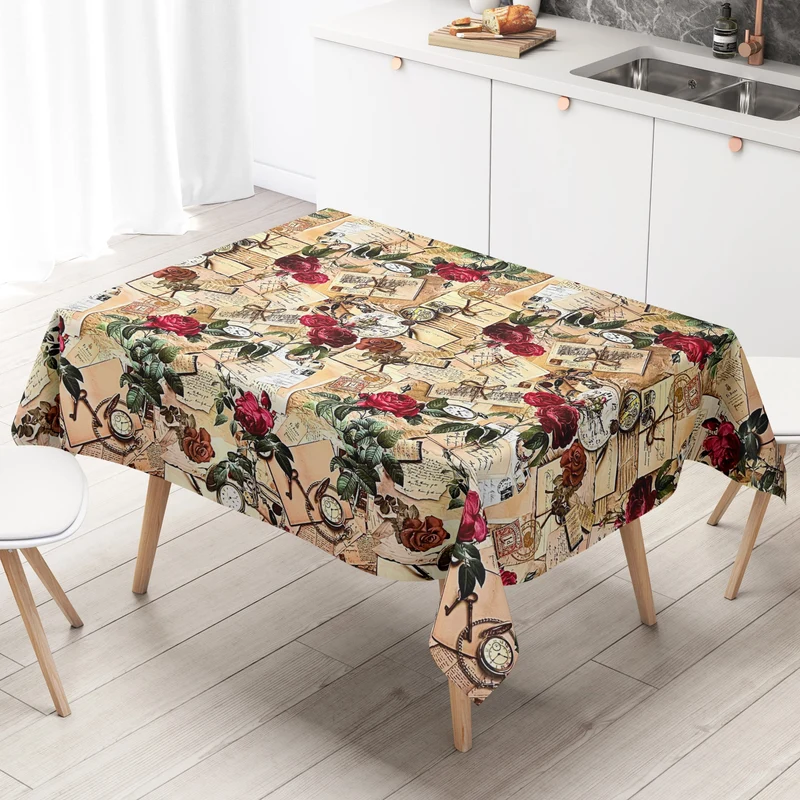 Wachstuch Tischdecke Meterware K122A Rosen Postkarten Taschenuhr eckig rund oval