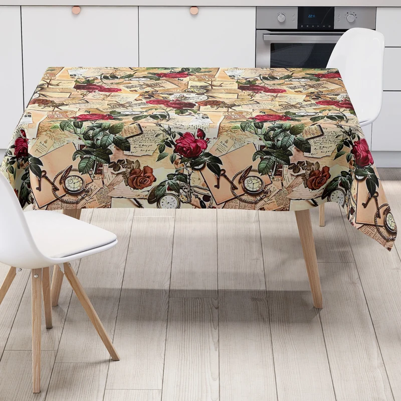 Wachstuch Tischdecke Meterware K122A Rosen Postkarten Taschenuhr eckig rund oval
