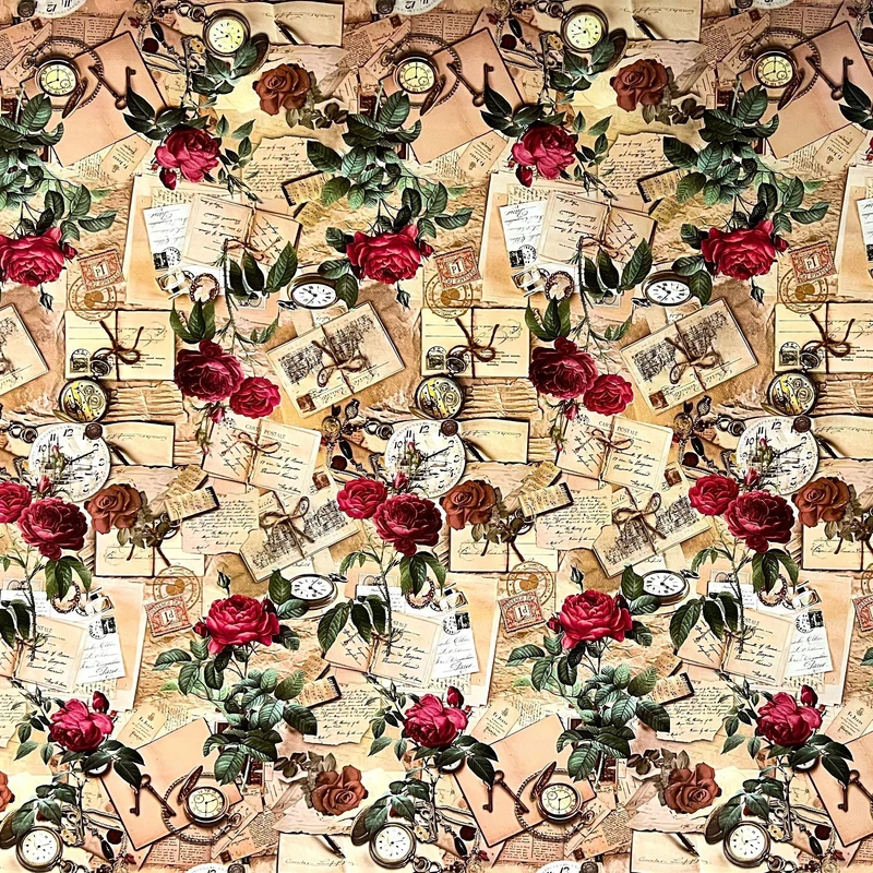 Wachstuch Tischdecke Meterware K122A Rosen Postkarten Taschenuhr eckig rund oval