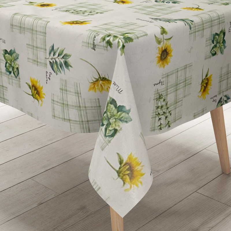 Wachstuch Tischdecke abwischbar geprägt P3034-1 Kräuter Sonnenblumen grün-kariert eckig rund oval