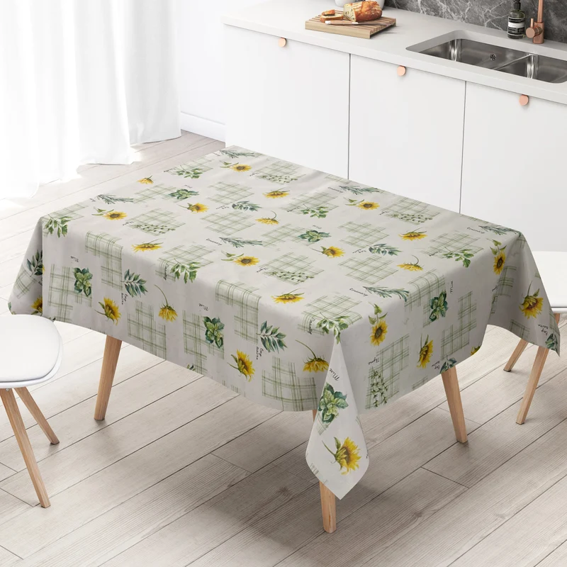 Wachstuch Tischdecke abwischbar geprägt P3034-1 Kräuter Sonnenblumen grün-kariert eckig rund oval