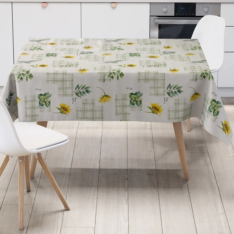 Wachstuch Tischdecke abwischbar geprägt P3034-1 Kräuter Sonnenblumen grün-kariert eckig rund oval