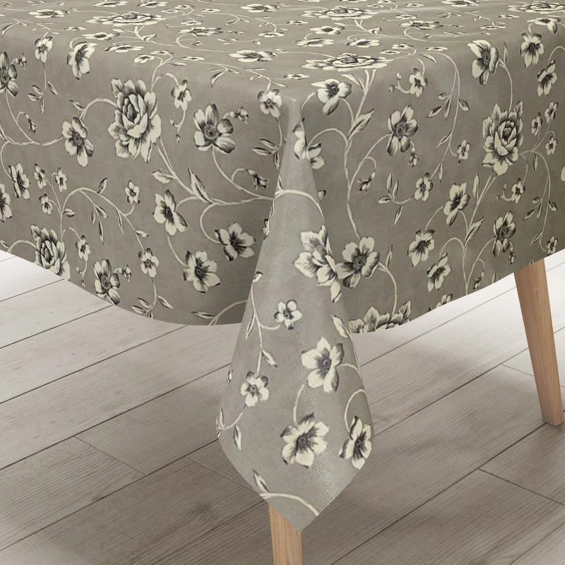 Wachstuch Tischdecke 01635-03 Rosenranken auf grau Elegant Barock eckig rund oval abwischbar