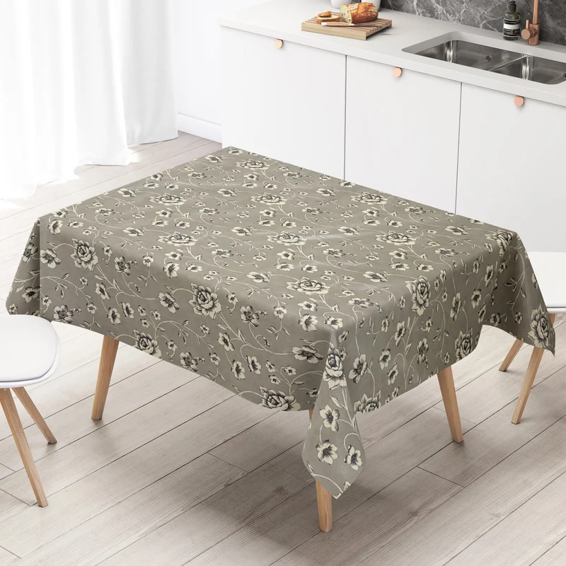 Wachstuch Tischdecke 01635-03 Rosenranken auf grau Elegant Barock eckig rund oval abwischbar