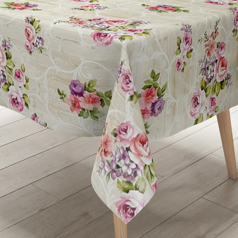 Wachstuch Tischdecke 01341-01 Rosen Blüten auf Holz beige eckig rund oval