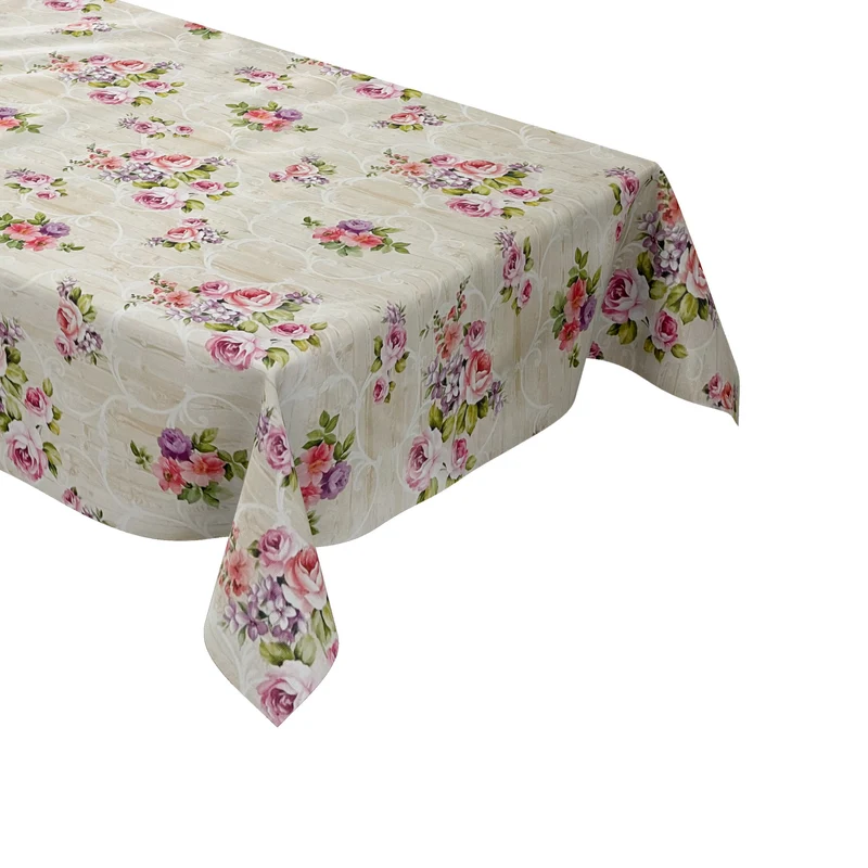 Wachstuch Tischdecke 01341-01 Rosen Blüten auf Holz beige eckig rund oval