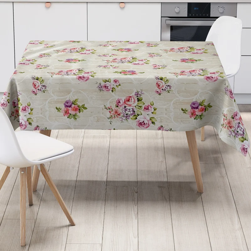 Wachstuch Tischdecke 01341-01 Rosen Blüten auf Holz beige eckig rund oval