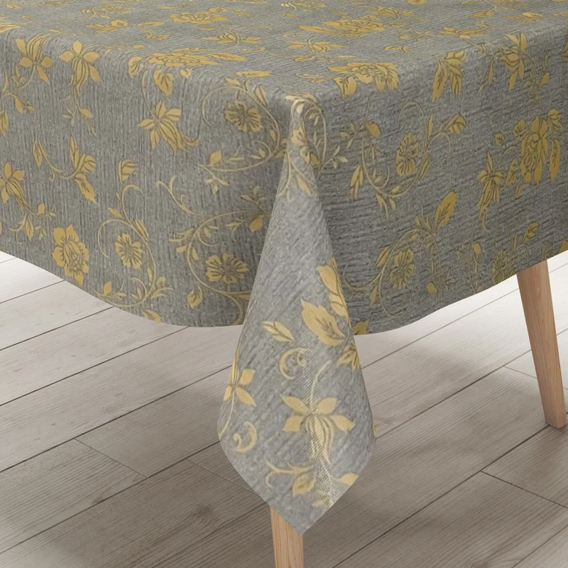 Wachstuch Tischdecke 01536-01 goldene Blumenranken auf grau floral Elegant Barock eckig rund oval