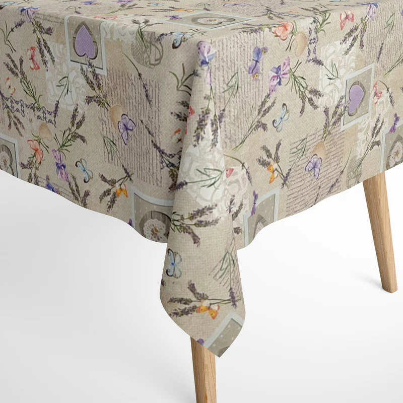 Jacquard Tischdecke aus beschichteter Baumwolle mit Fleckenschutz AGRES Lavendel Schmetterling Herz eckig rund oval