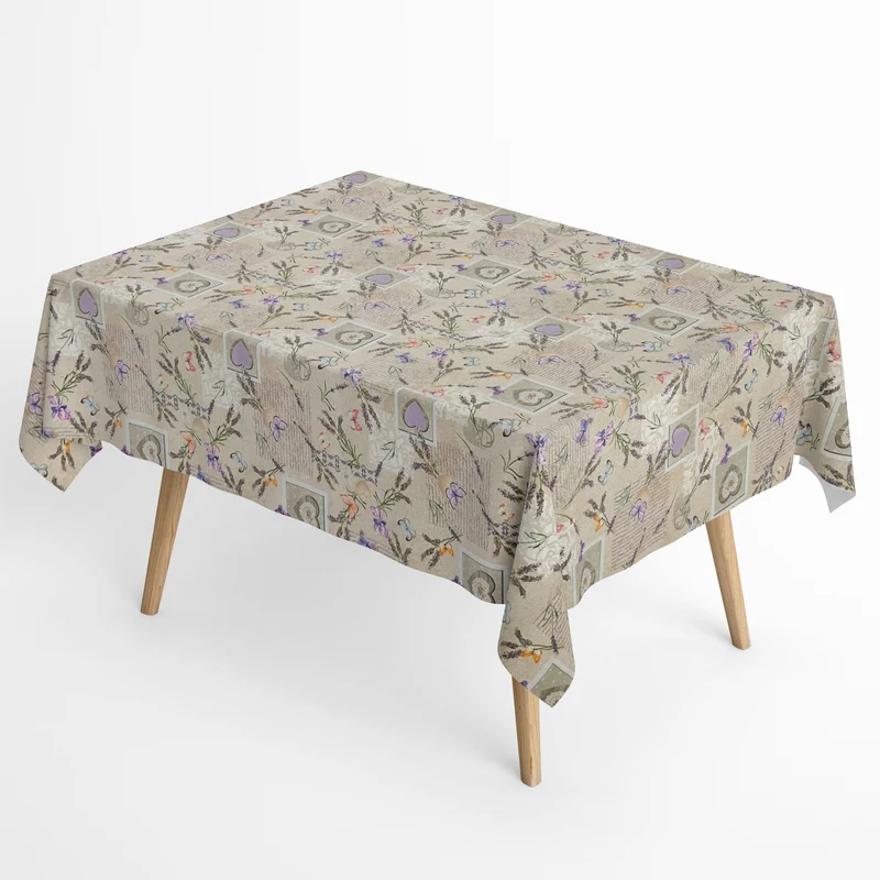 Jacquard Tischdecke aus beschichteter Baumwolle mit Fleckenschutz AGRES Lavendel Schmetterling Herz eckig rund oval