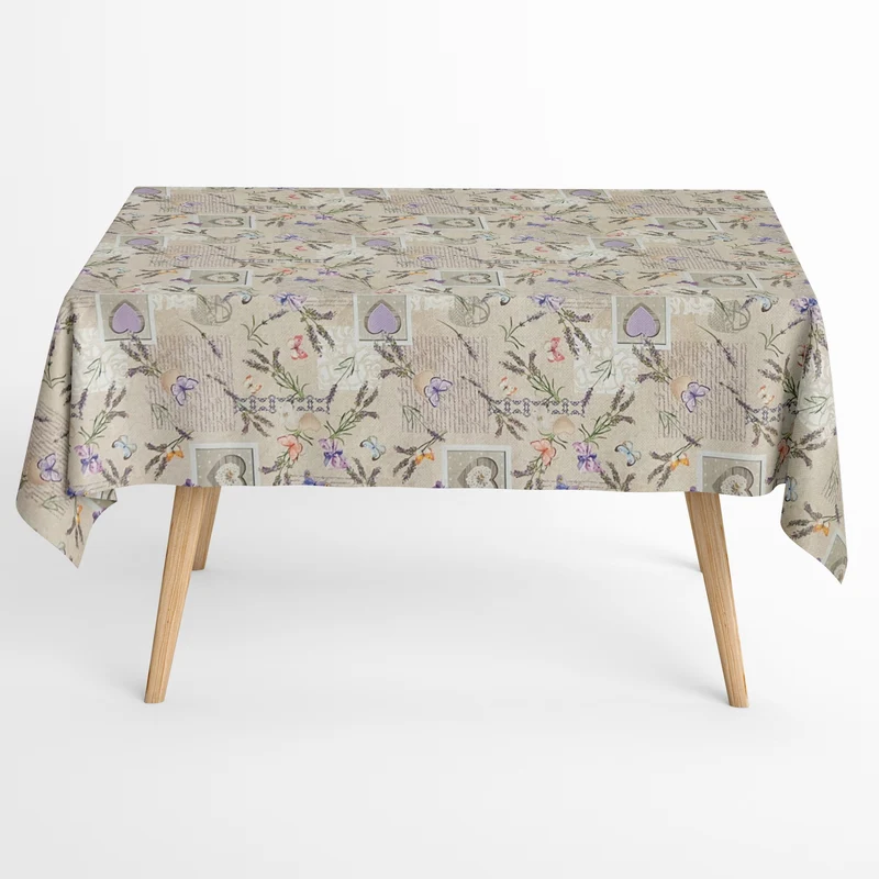 Jacquard Tischdecke aus beschichteter Baumwolle mit Fleckenschutz AGRES Lavendel Schmetterling Herz eckig rund oval