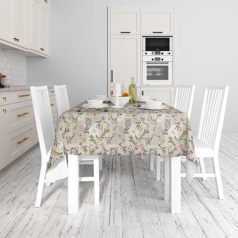 Jacquard Tischdecke aus beschichteter Baumwolle mit Fleckenschutz AGRES Lavendel Schmetterling Herz eckig rund oval