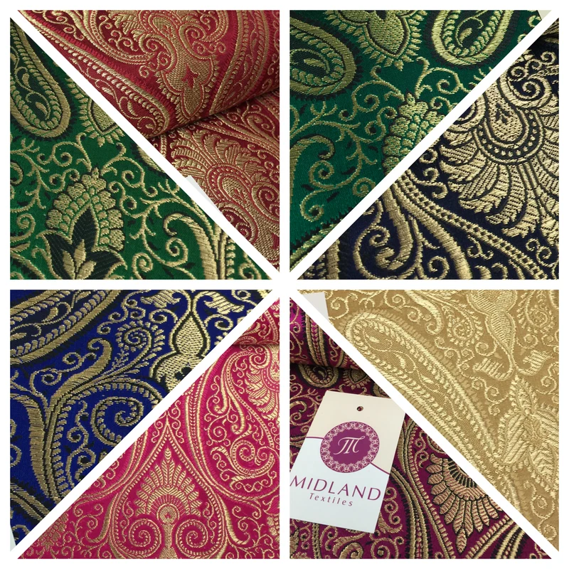 Ornamental paisley gold metallic print Indian banarsi Brocade fabric M246 Mtex