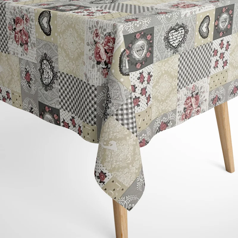 Jacquard Tischdecke aus beschichteter Baumwolle mit Fleckenschutz LIA LOVE Rosen Patchwork eckig rund oval