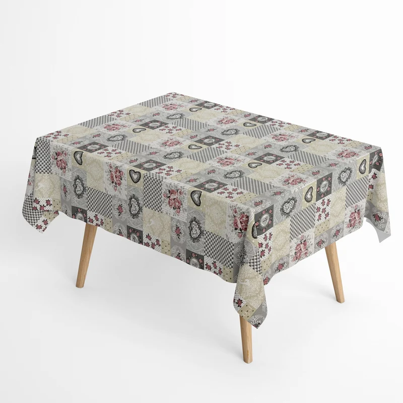 Jacquard Tischdecke aus beschichteter Baumwolle mit Fleckenschutz LIA LOVE Rosen Patchwork eckig rund oval