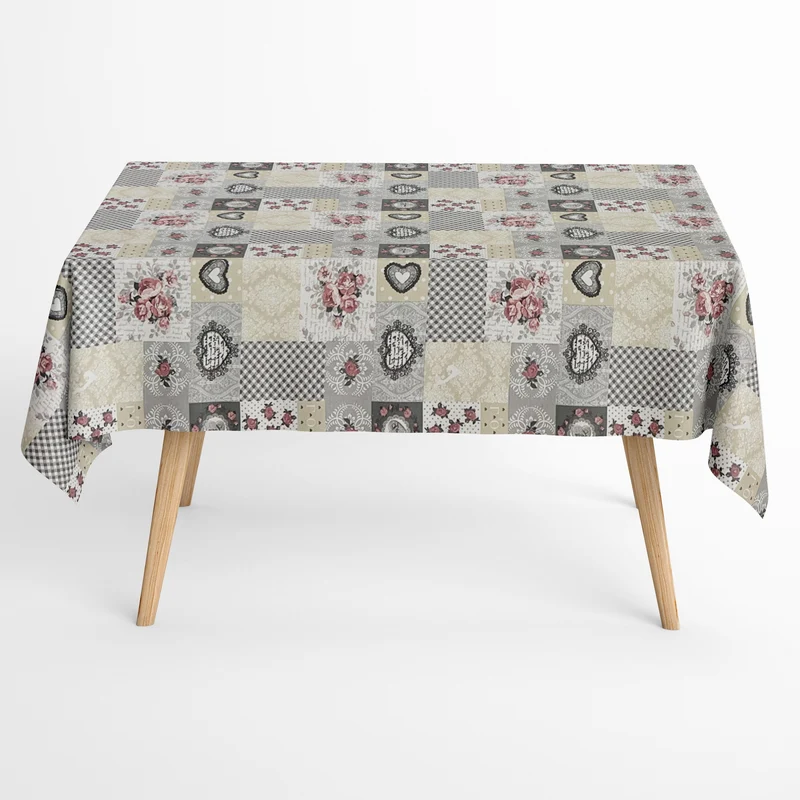 Jacquard Tischdecke aus beschichteter Baumwolle mit Fleckenschutz LIA LOVE Rosen Patchwork eckig rund oval