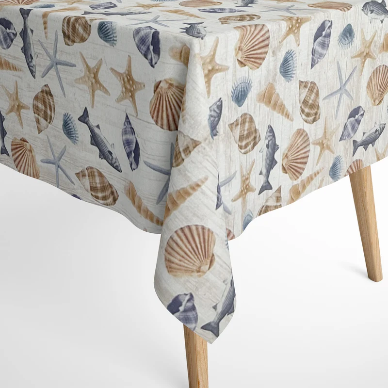Jacquard Tischdecke aus beschichteter Baumwolle mit Fleckenschutz OCEANIA maritim Muscheln Seestern auf Holz eckig rund oval