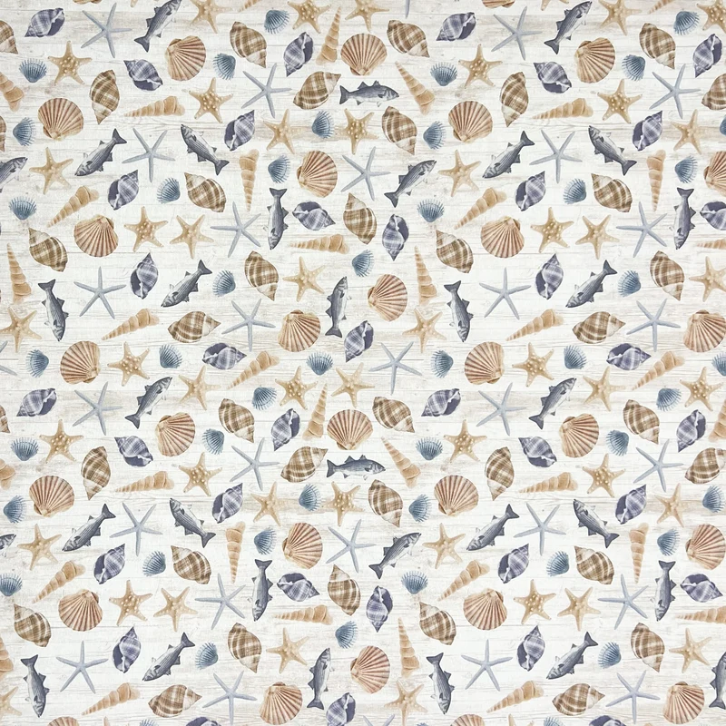 Jacquard Tischdecke aus beschichteter Baumwolle mit Fleckenschutz OCEANIA maritim Muscheln Seestern auf Holz eckig rund oval