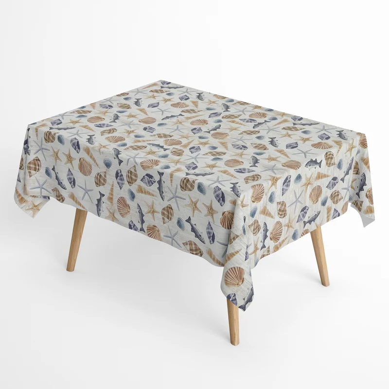 Jacquard Tischdecke aus beschichteter Baumwolle mit Fleckenschutz OCEANIA maritim Muscheln Seestern auf Holz eckig rund oval