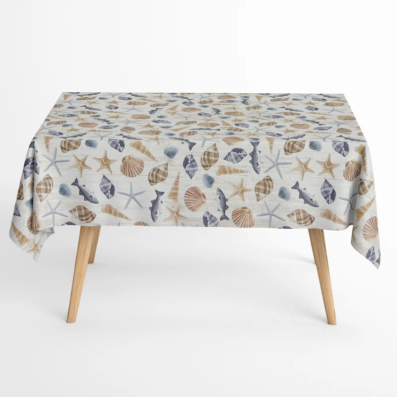 Jacquard Tischdecke aus beschichteter Baumwolle mit Fleckenschutz OCEANIA maritim Muscheln Seestern auf Holz eckig rund oval
