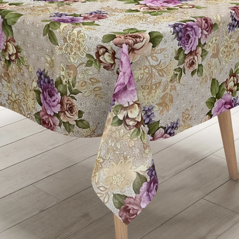 Wachstuch Tischdecke K230A Rosen Blüten auf taupe und gold eckig rund oval