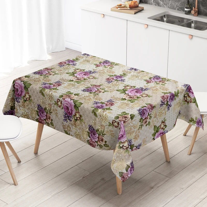 Wachstuch Tischdecke K230A Rosen Blüten auf taupe und gold eckig rund oval