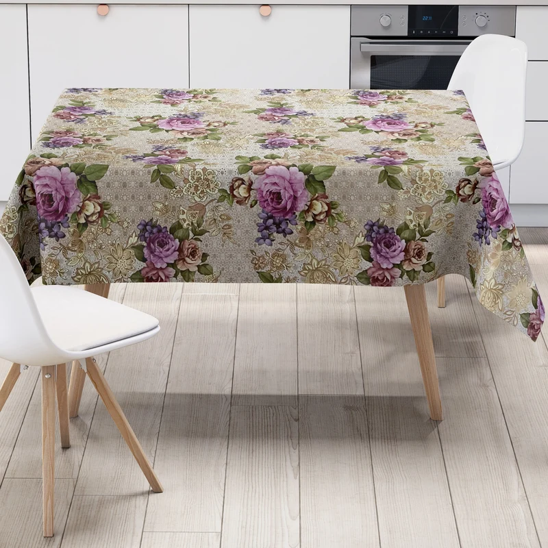 Wachstuch Tischdecke K230A Rosen Blüten auf taupe und gold eckig rund oval