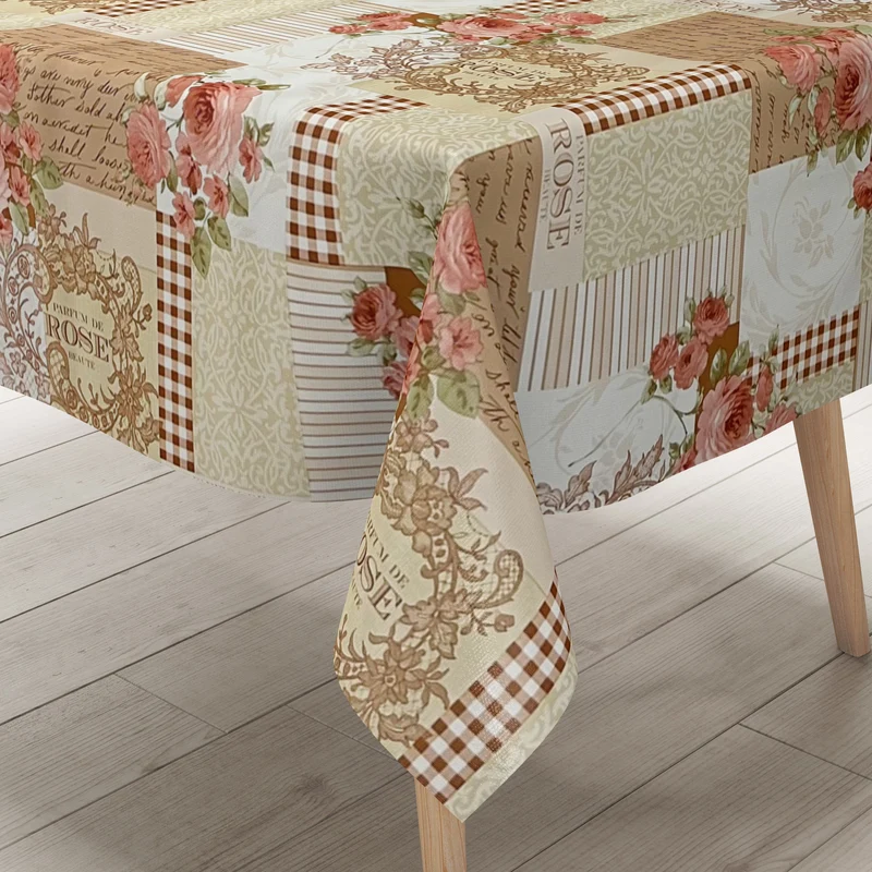 Wachstuch Tischdecke K195A PARFUM DE ROSE Rosen Blüten auf beige eckig rund oval