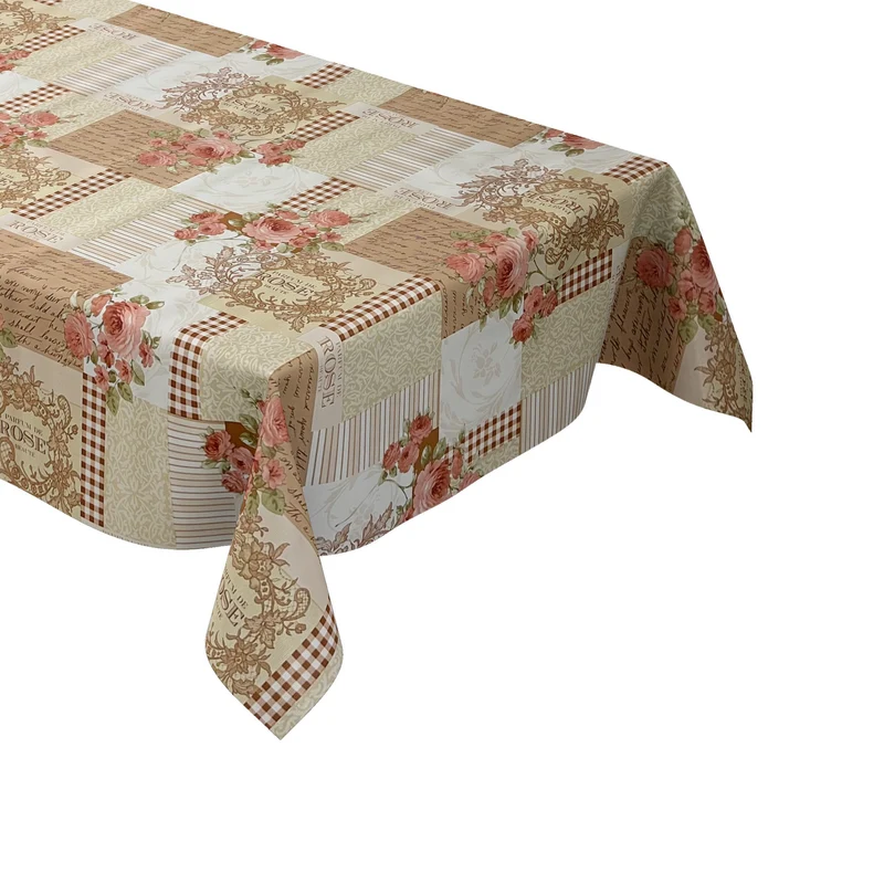 Wachstuch Tischdecke K195A PARFUM DE ROSE Rosen Blüten auf beige eckig rund oval