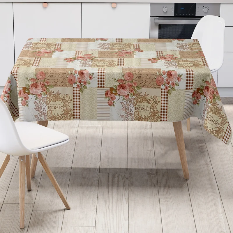 Wachstuch Tischdecke K195A PARFUM DE ROSE Rosen Blüten auf beige eckig rund oval