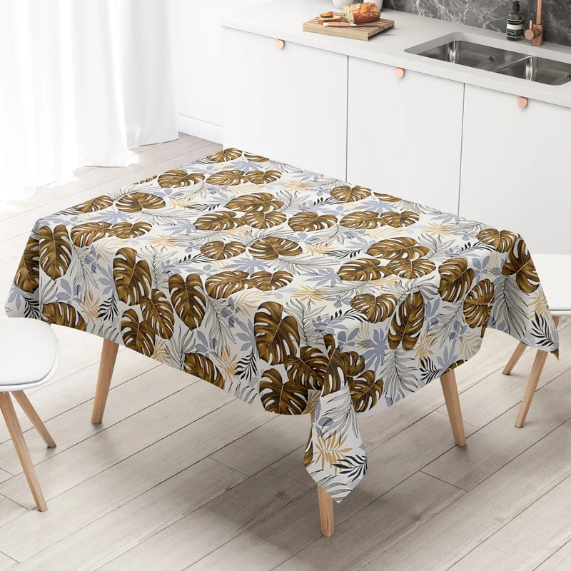 Wachstuch Tischdecke abwischbar geprägt K149B Dschungel Palmen Blätter Monstera hellblau braun eckig rund oval PVC-Tischdecke