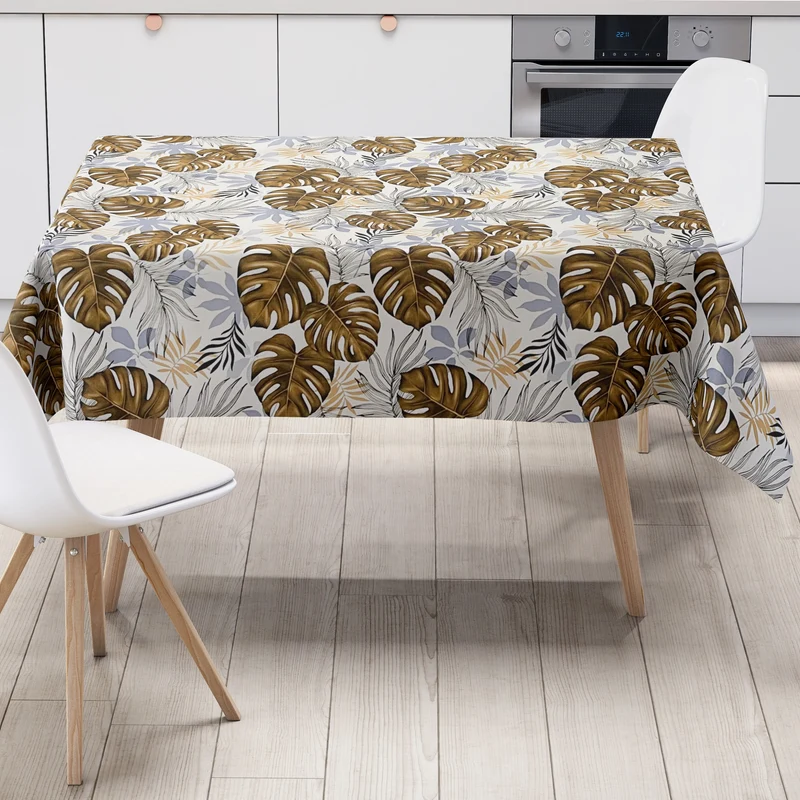 Wachstuch Tischdecke abwischbar geprägt K149B Dschungel Palmen Blätter Monstera hellblau braun eckig rund oval PVC-Tischdecke