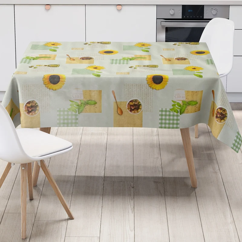 Wachstuch Tischdecke 01572-02 Oliven Sonnenblumen Holz Karo grün meliert mediterran eckig rund oval