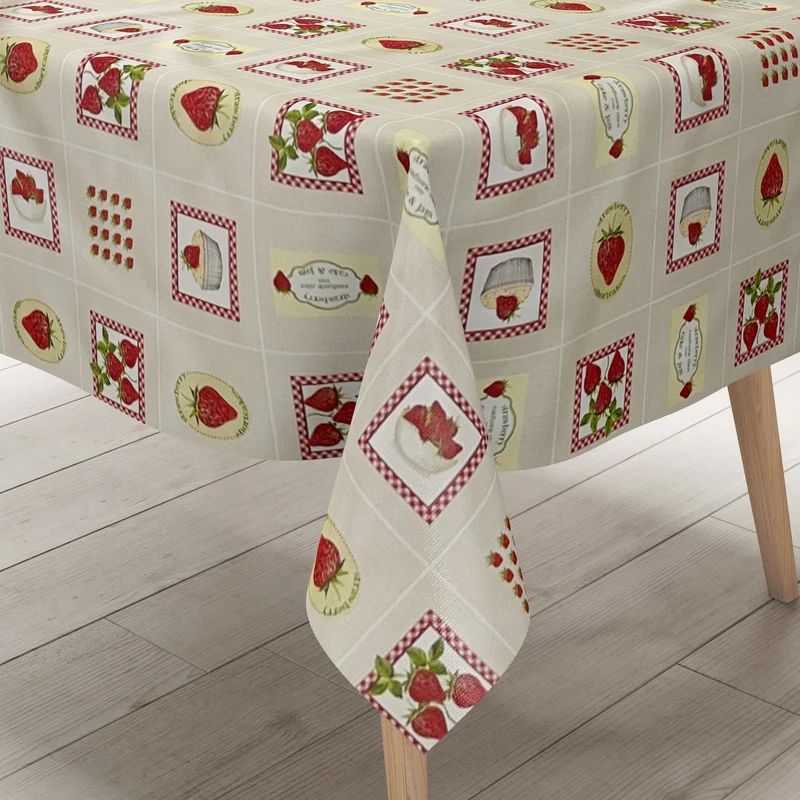 Wachstuch Tischdecke 160 cm Breite Übergröße C17436 Erdbeeren auf Karo beige eckig rund oval
