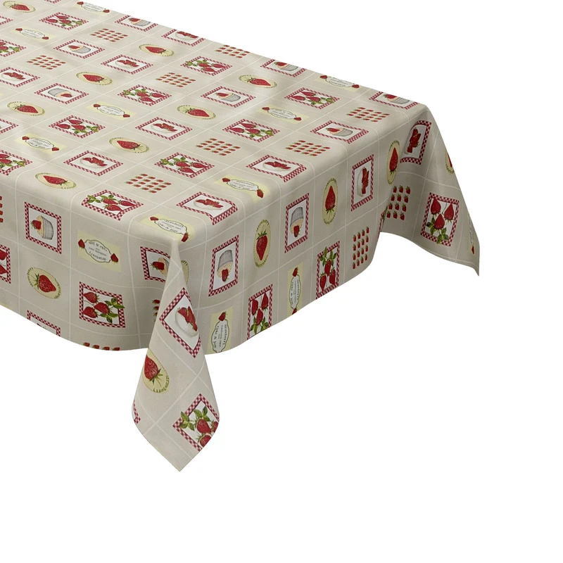 Wachstuch Tischdecke 160 cm Breite Übergröße C17436 Erdbeeren auf Karo beige eckig rund oval